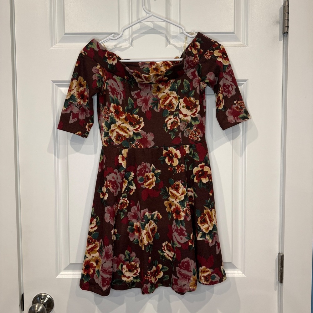 Haute Monde Burgundy Floral Off The Shoulder Skater Dress Womens Size Small